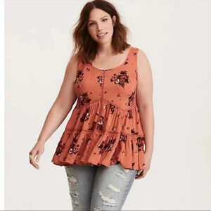 ☀️TORRID Floral Print Challis Lace Inset Orange Flowy Babydoll Top